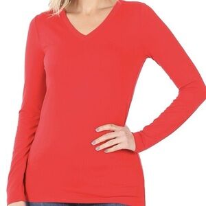 Women's Red V-Neck Long Sleeve Top